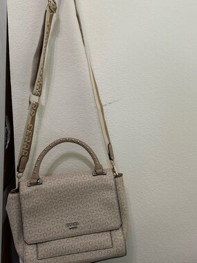 GUESS Beige Monogram Satchel with Removable Logo Strap
